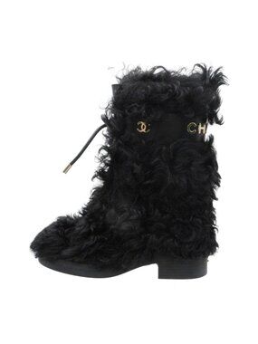 Chanel Boots Shearling Sheepskin CC Logo Shoes Black 37c